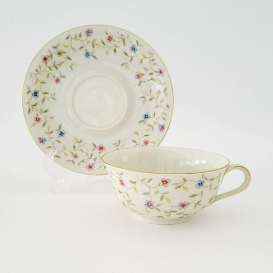 German Chintz Floral Teacup & Saucer, Cream with Pink & Blue Floral Design, Bavaria Elfenbein
