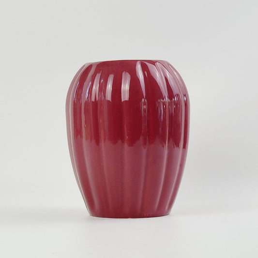 Burgundy Red Ribbed Ceramic Flower 7.5" Vase