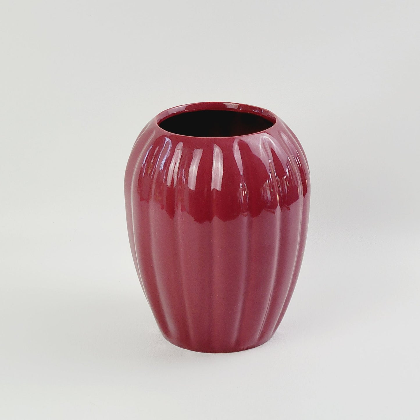 Burgundy Red Ribbed Ceramic Flower 7.5" Vase