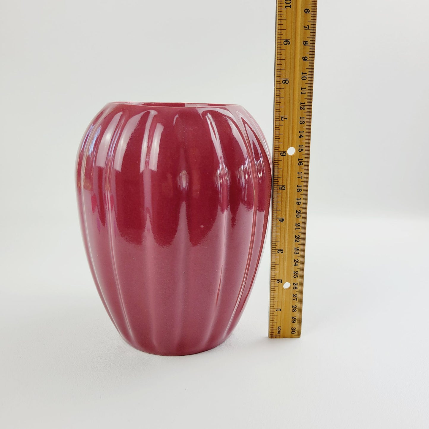 Burgundy Red Ribbed Ceramic Flower 7.5" Vase
