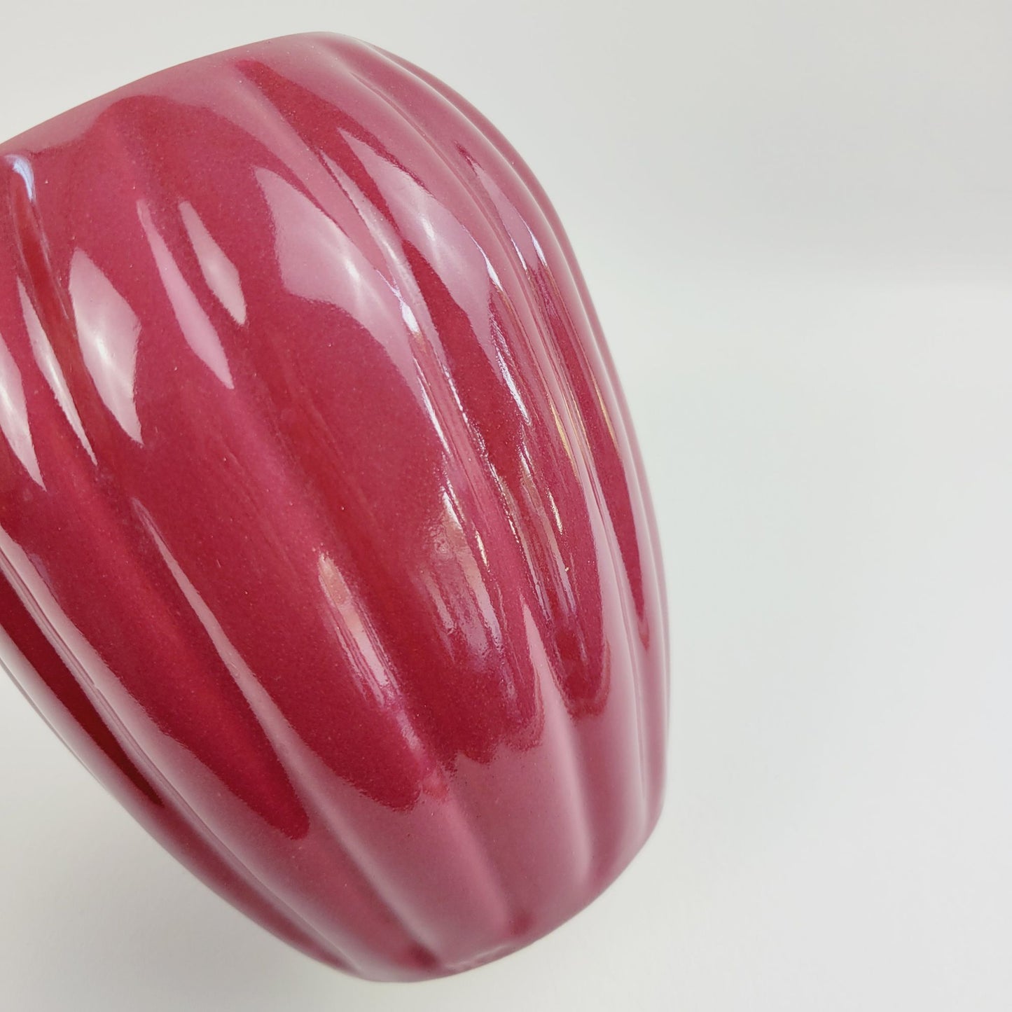 Burgundy Red Ribbed Ceramic Flower 7.5" Vase