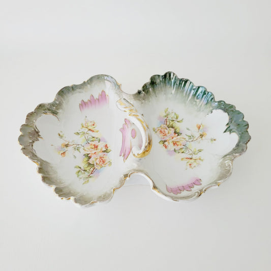 Vintage German Dual Serving Dish, Multicolor Roses, Moss Green Trim & Gold Handle, Victorian Style