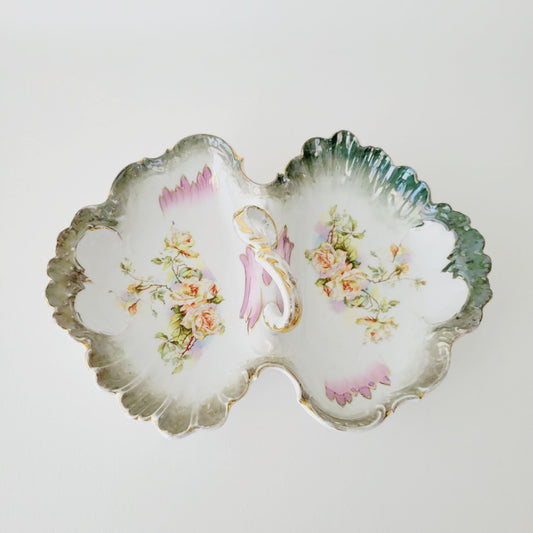 Vintage German Dual Serving Dish, Multicolor Roses, Moss Green Trim & Gold Handle, Victorian Style