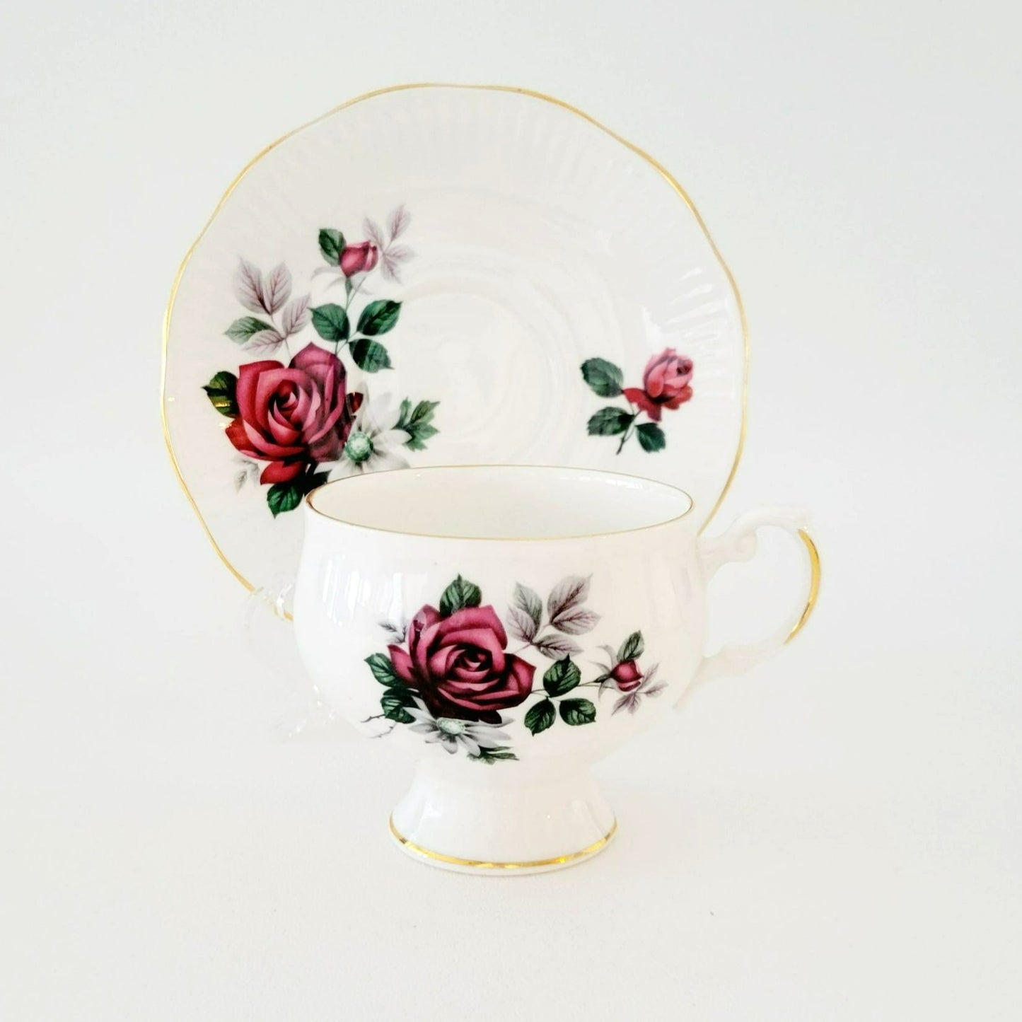 Royal Dover Burgundy Red Rose Teacup & Saucer, Footed with Gold Trim and Ribbed Edging, English Bone China