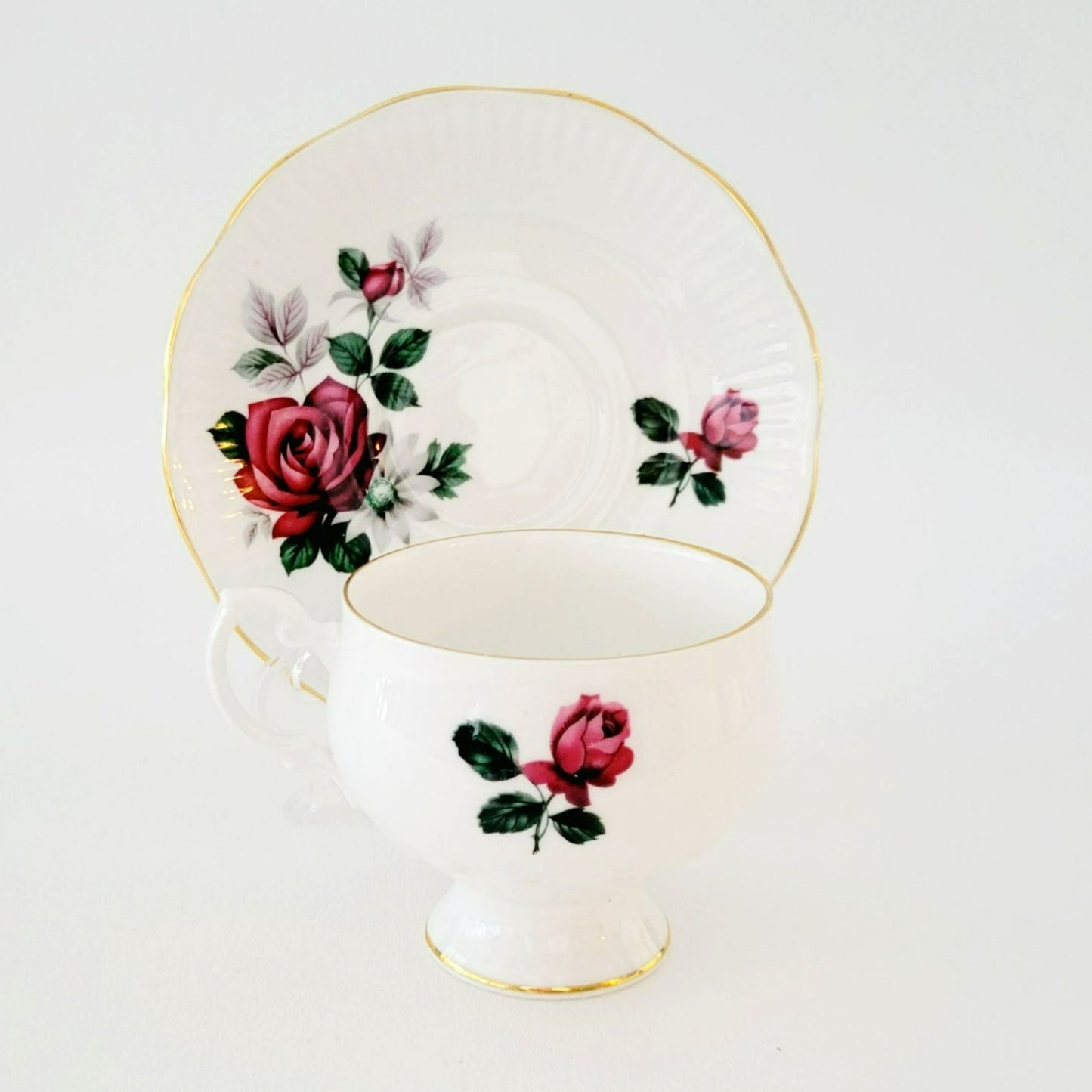 Royal Dover Burgundy Red Rose Teacup & Saucer, Footed with Gold Trim and Ribbed Edging, English Bone China