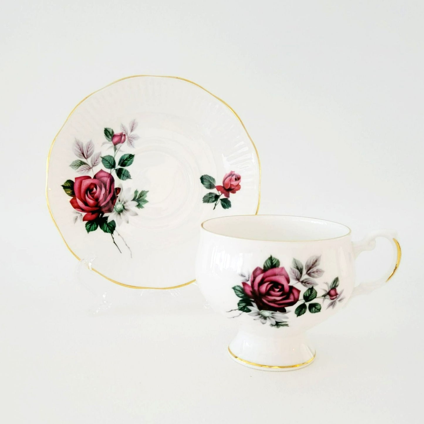 Royal Dover Burgundy Red Rose Teacup & Saucer, Footed with Gold Trim and Ribbed Edging, English Bone China