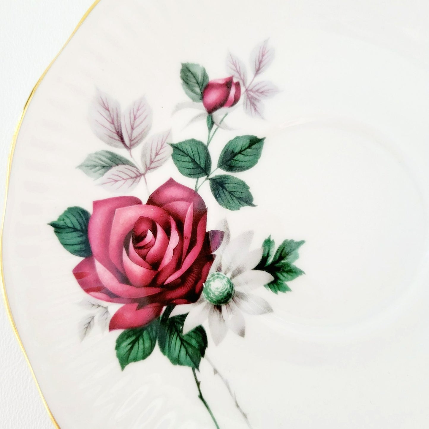 Royal Dover Burgundy Red Rose Teacup & Saucer, Footed with Gold Trim and Ribbed Edging, English Bone China