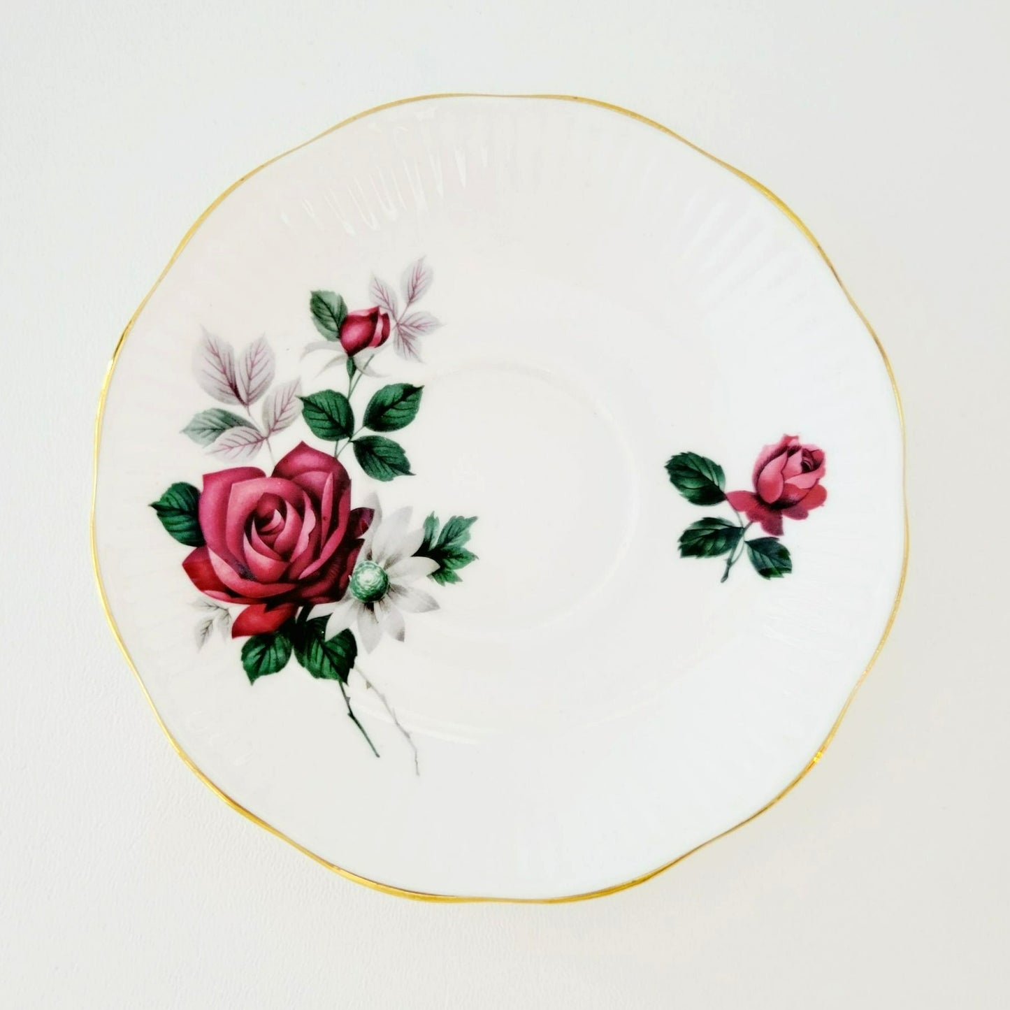 Royal Dover Burgundy Red Rose Teacup & Saucer, Footed with Gold Trim and Ribbed Edging, English Bone China