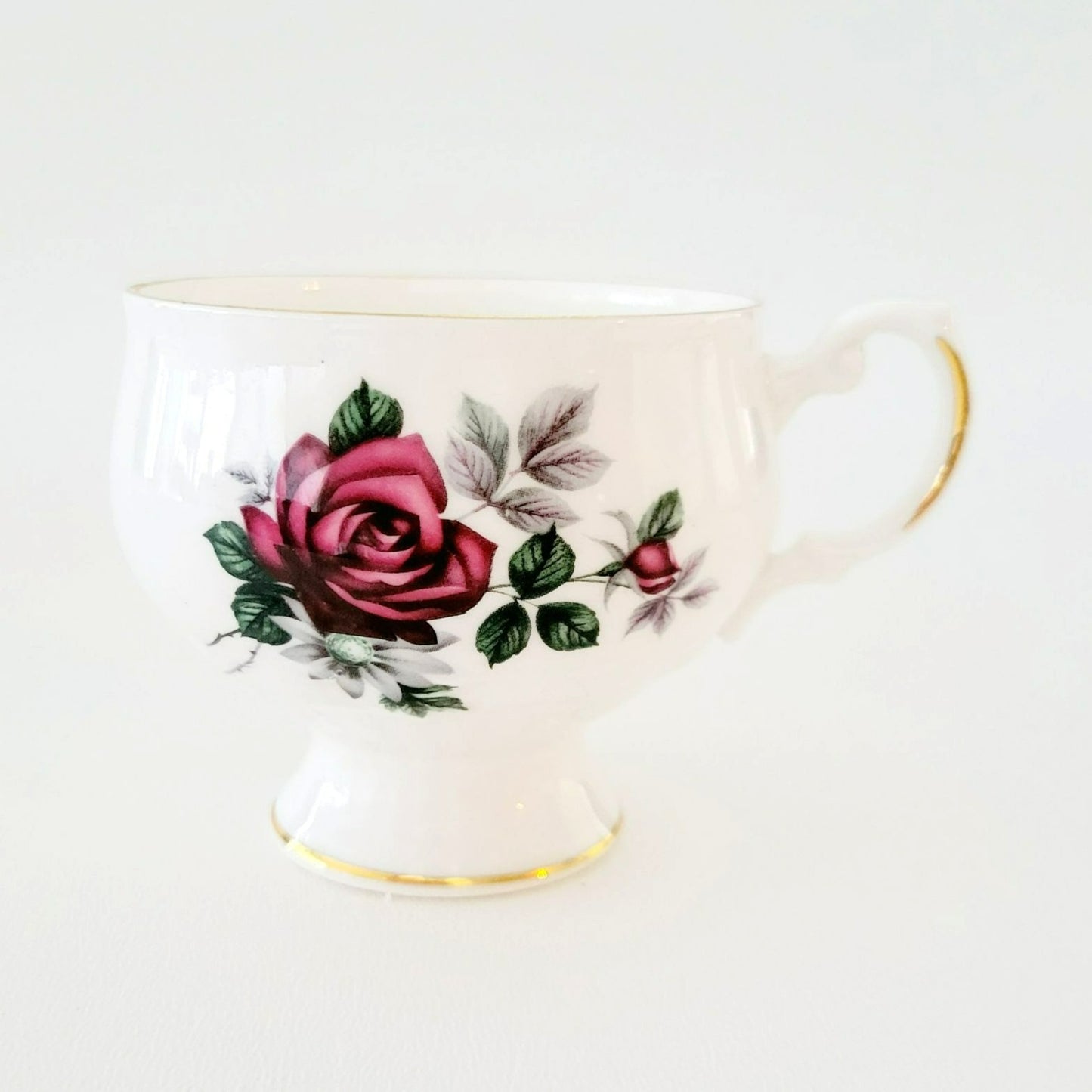 Royal Dover Burgundy Red Rose Teacup & Saucer, Footed with Gold Trim and Ribbed Edging, English Bone China