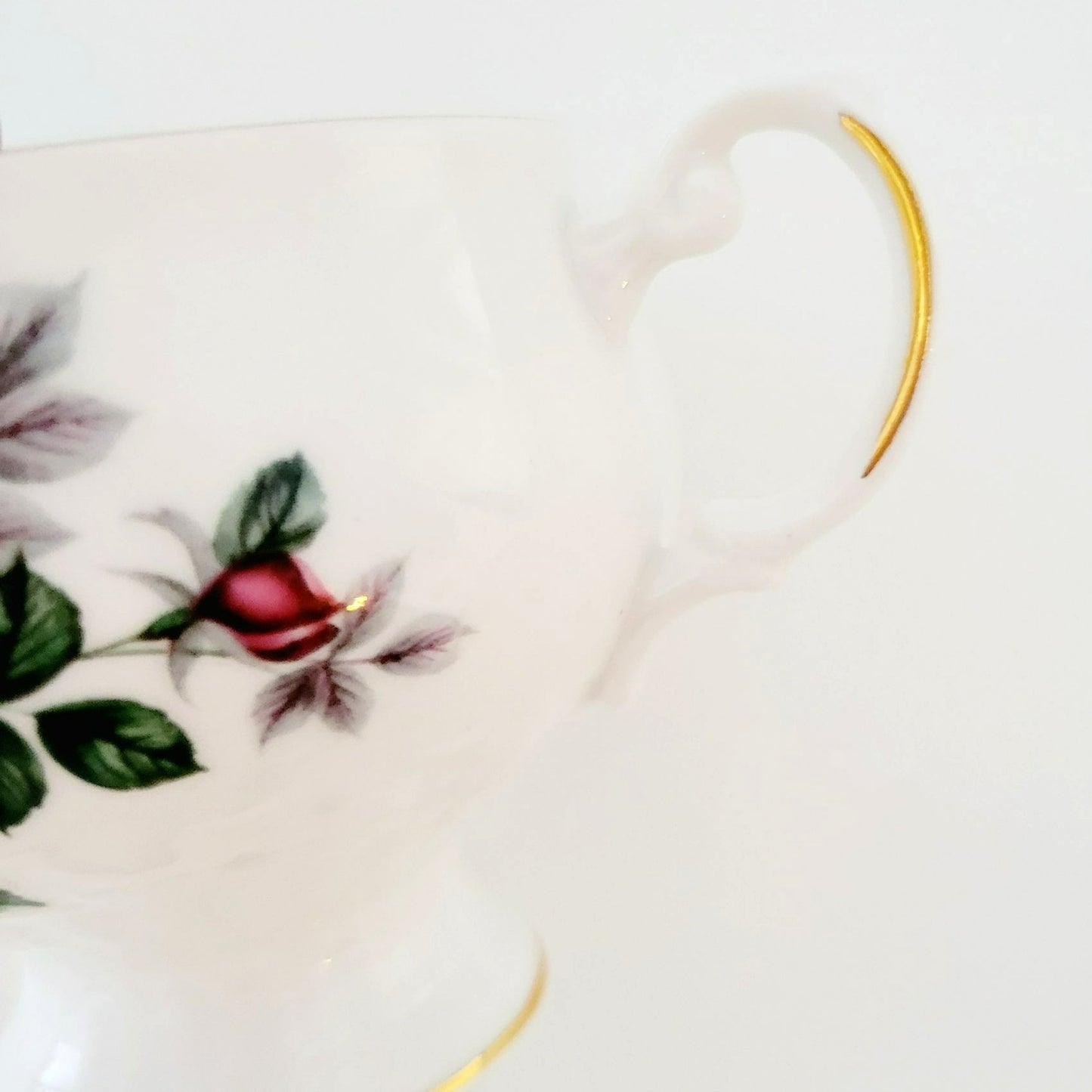 Royal Dover Burgundy Red Rose Teacup & Saucer, Footed with Gold Trim and Ribbed Edging, English Bone China