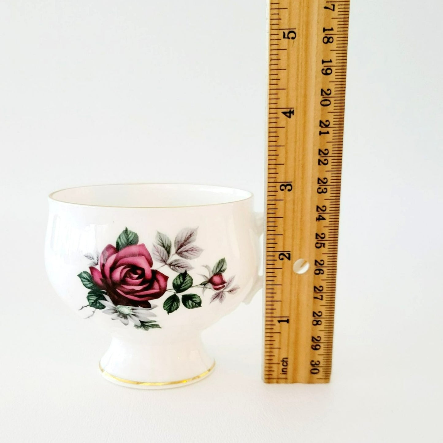 Royal Dover Burgundy Red Rose Teacup & Saucer, Footed with Gold Trim and Ribbed Edging, English Bone China