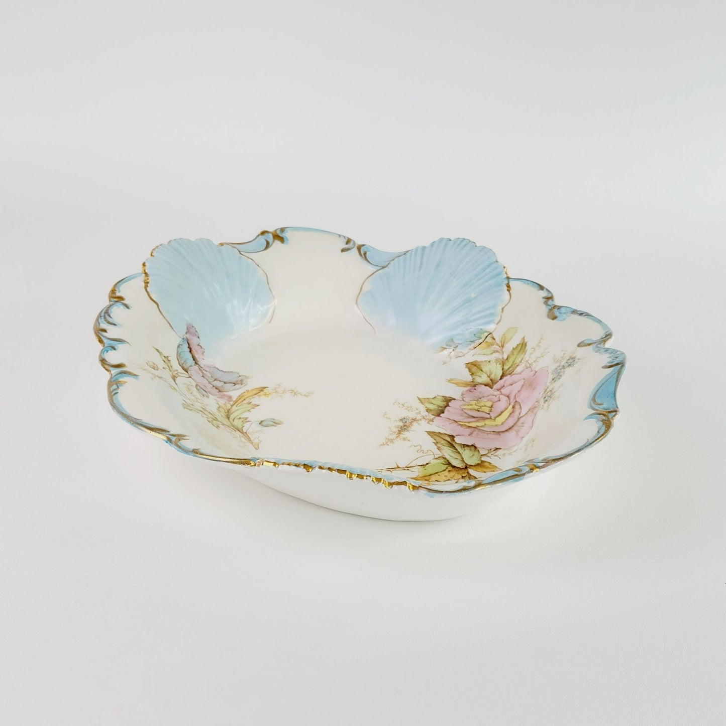 Antique La Francaise Porcelain Blue Shell & Pink Floral Bowl, Gold Trim Matte Floral, c.1900-16,