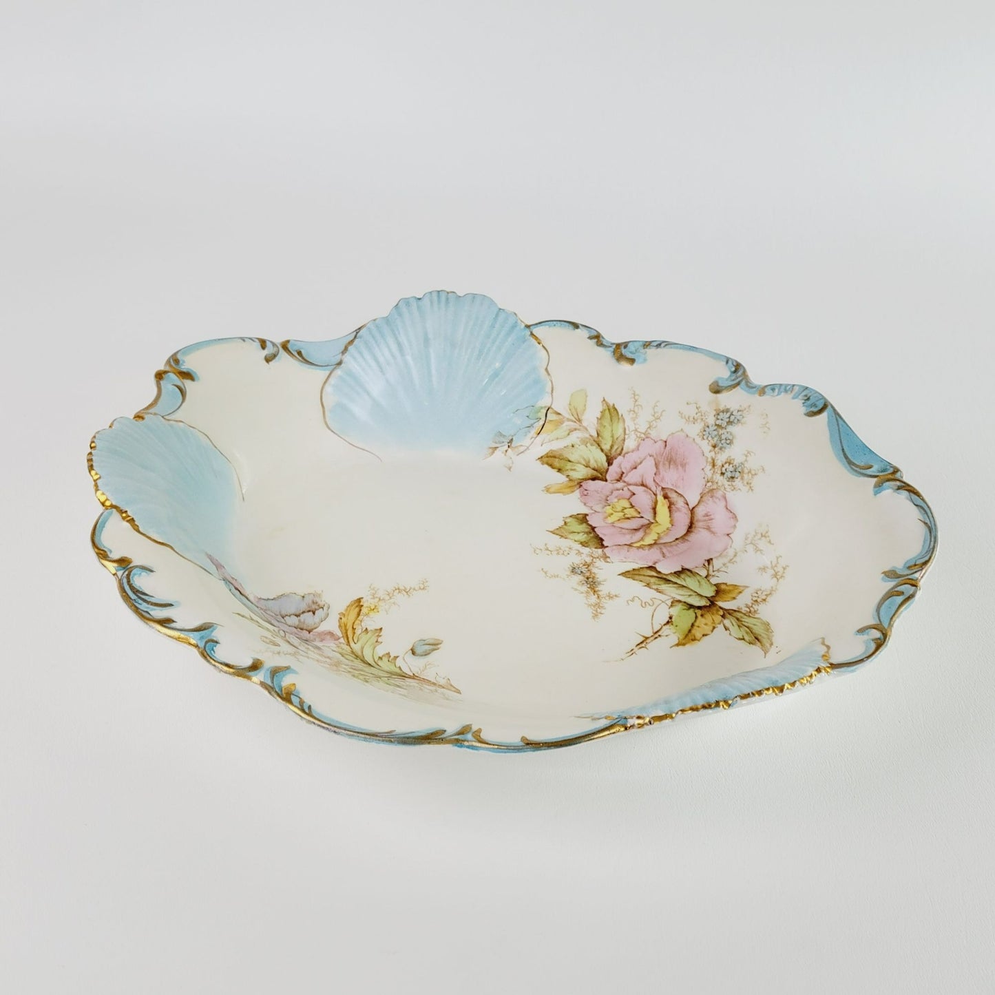 Antique La Francaise Porcelain Blue Shell & Pink Floral Bowl, Gold Trim Matte Floral, c.1900-16,