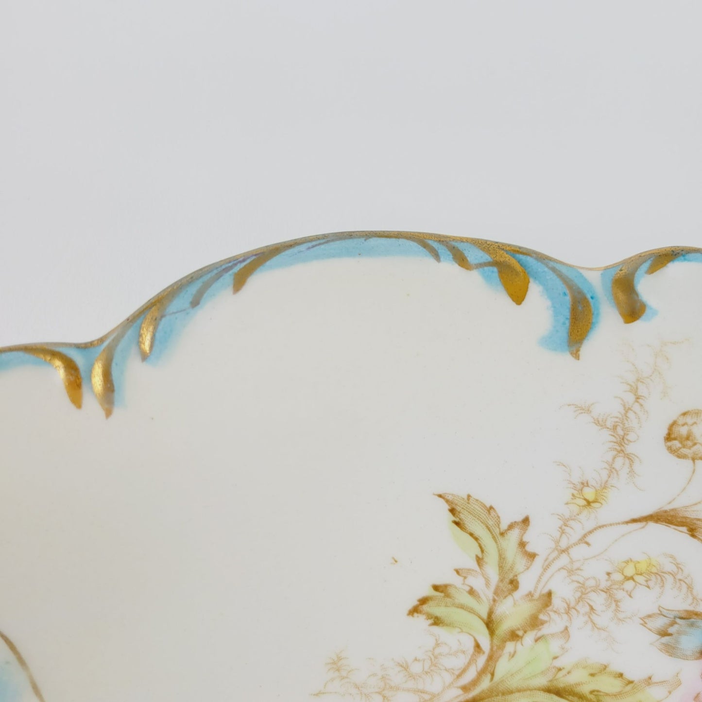 Antique La Francaise Porcelain Blue Shell & Pink Floral Bowl, Gold Trim Matte Floral, c.1900-16,