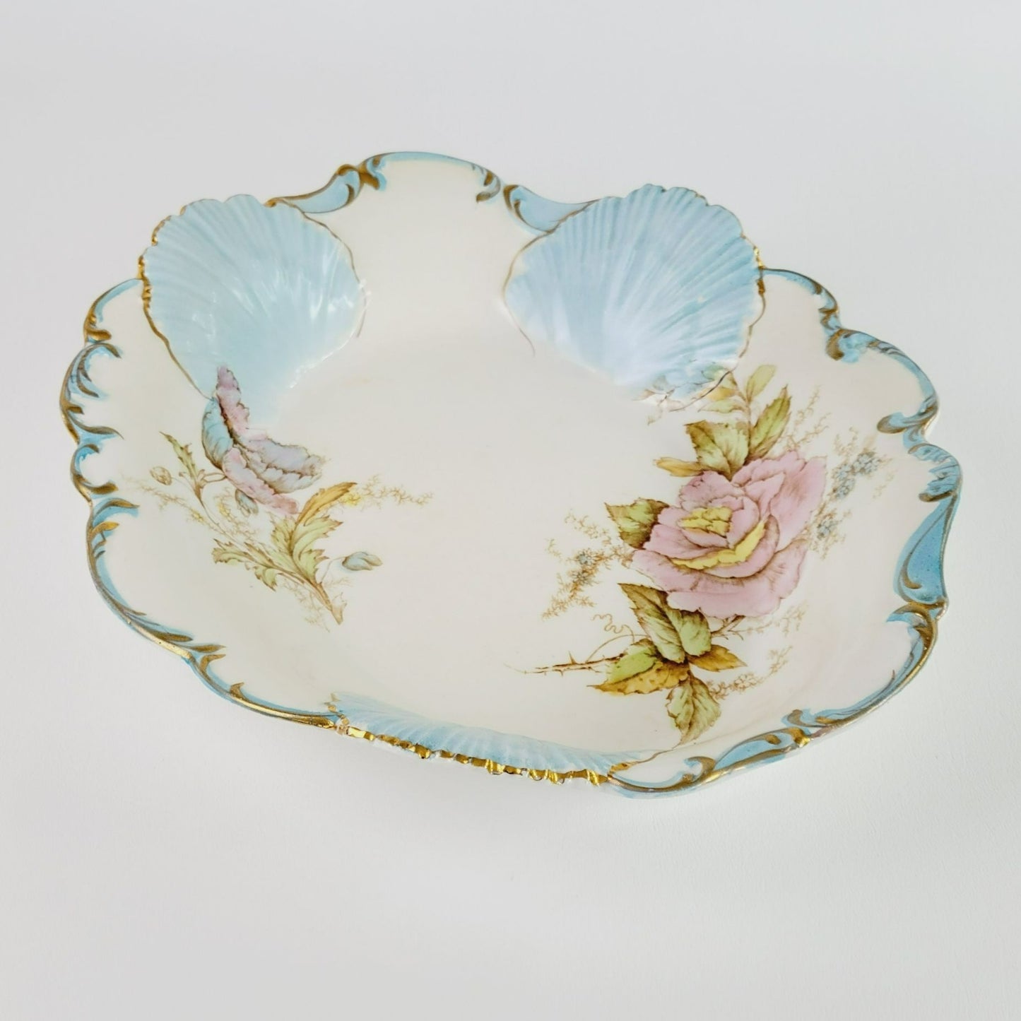Antique La Francaise Porcelain Blue Shell & Pink Floral Bowl, Gold Trim Matte Floral, c.1900-16,