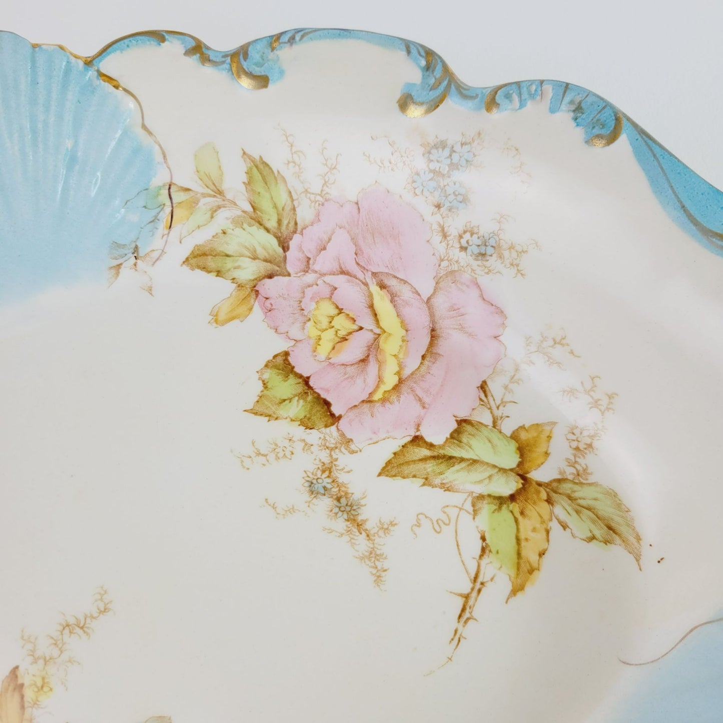 Antique La Francaise Porcelain Blue Shell & Pink Floral Bowl, Gold Trim Matte Floral, c.1900-16,