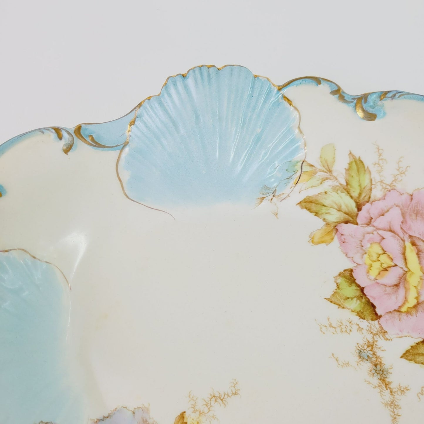 Antique La Francaise Porcelain Blue Shell & Pink Floral Bowl, Gold Trim Matte Floral, c.1900-16,