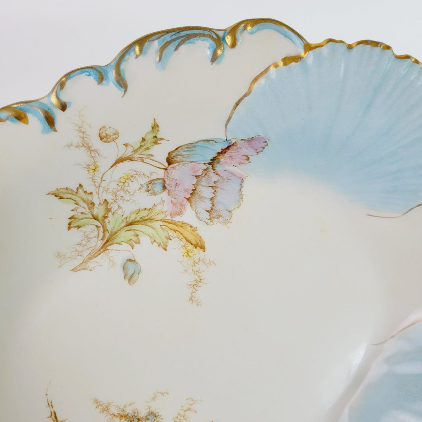 Antique La Francaise Porcelain Blue Shell & Pink Floral Bowl, Gold Trim Matte Floral, c.1900-16,