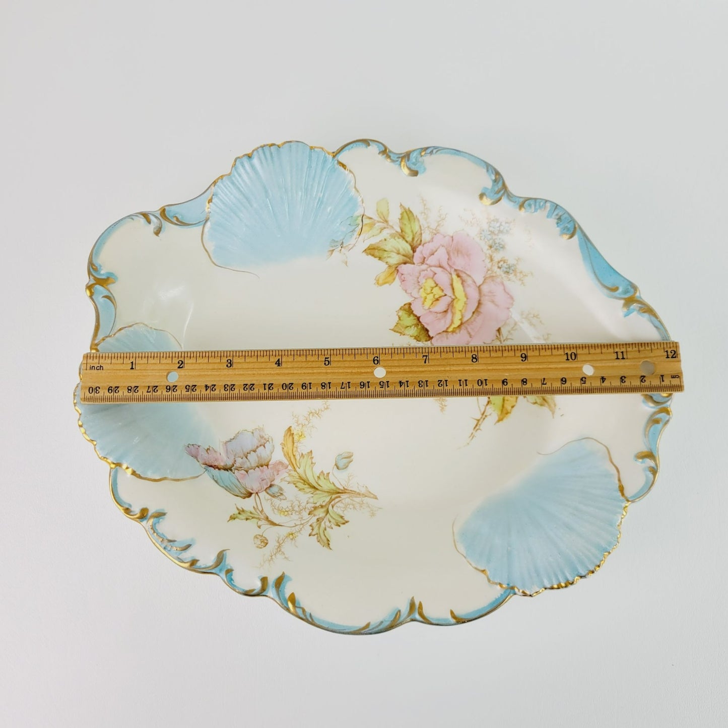 Antique La Francaise Porcelain Blue Shell & Pink Floral Bowl, Gold Trim Matte Floral, c.1900-16,
