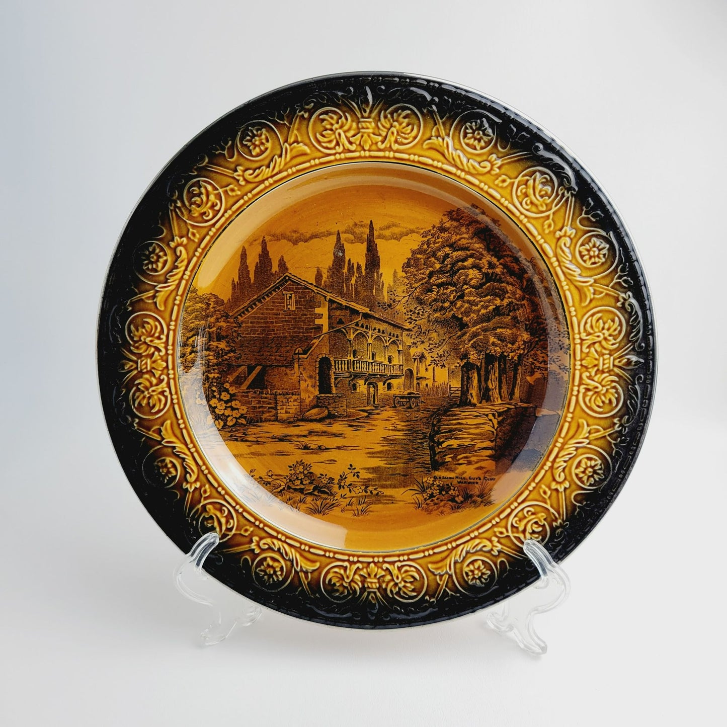 Vintage Devon Ware Fieldings British Town Scene 13" Plate Old Saxon Mills, Brown Embossed Edge, c.1917-30 England