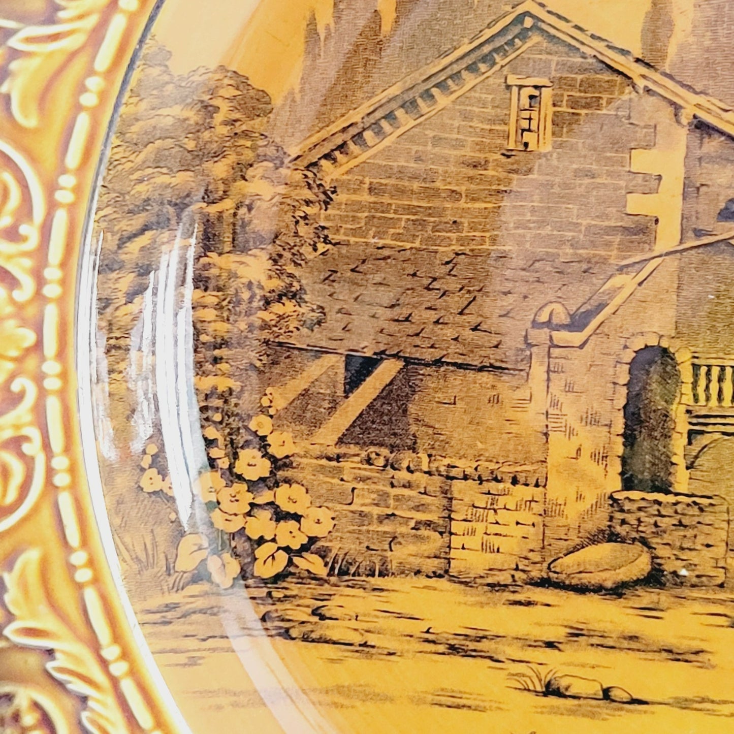 Vintage Devon Ware Fieldings British Town Scene 13" Plate Old Saxon Mills, Brown Embossed Edge, c.1917-30 England