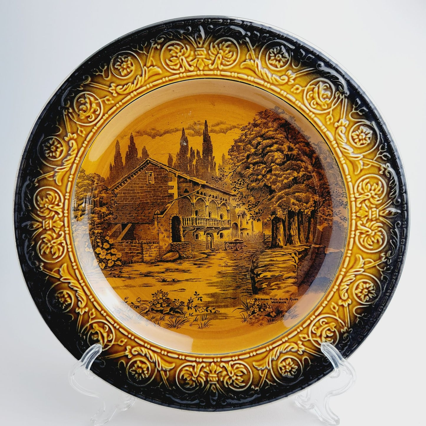 Vintage Devon Ware Fieldings British Town Scene 13" Plate Old Saxon Mills, Brown Embossed Edge, c.1917-30 England