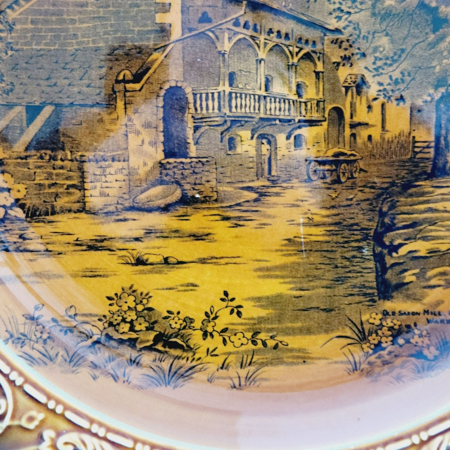 Vintage Devon Ware Fieldings British Town Scene 13" Plate Old Saxon Mills, Brown Embossed Edge, c.1917-30 England