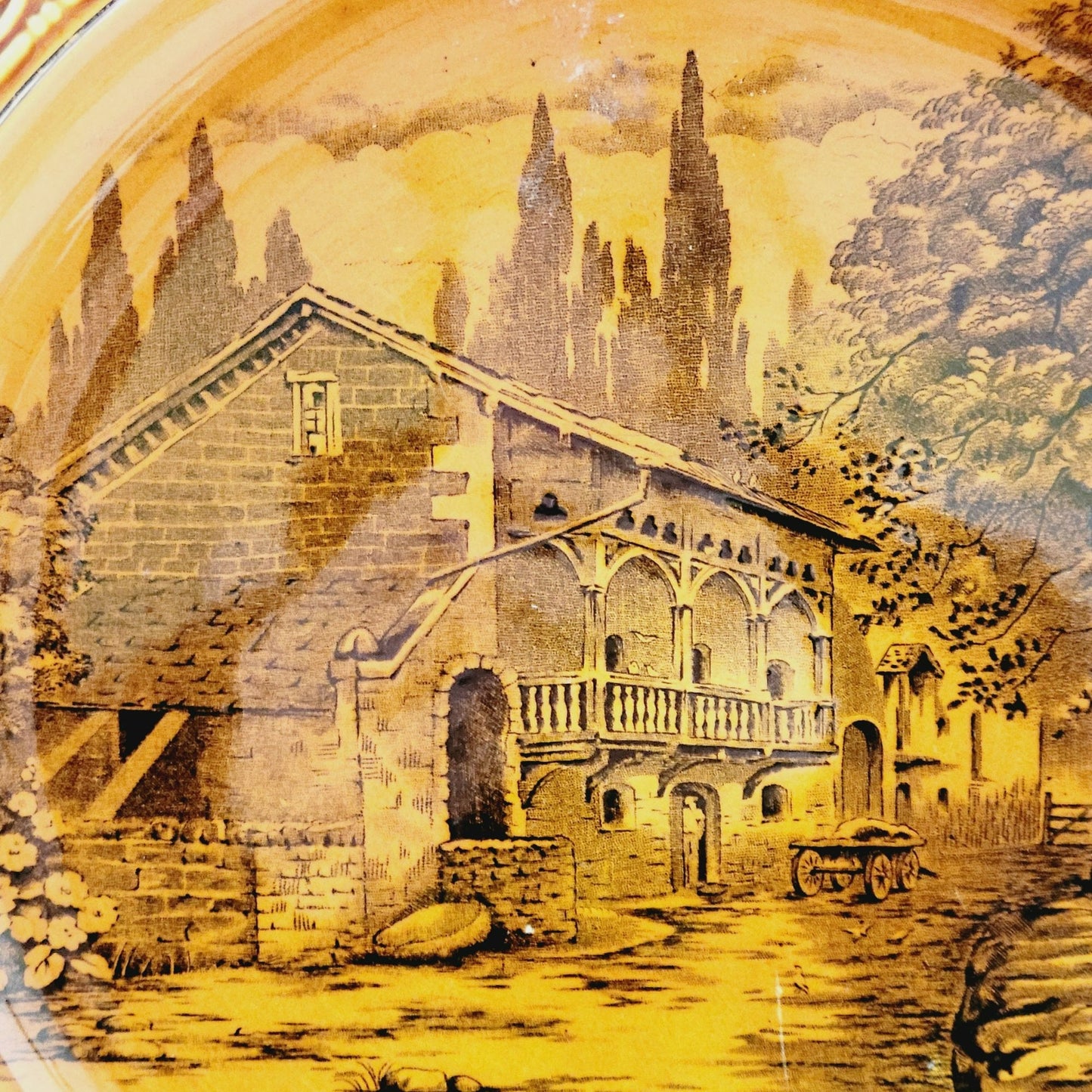 Vintage Devon Ware Fieldings British Town Scene 13" Plate Old Saxon Mills, Brown Embossed Edge, c.1917-30 England