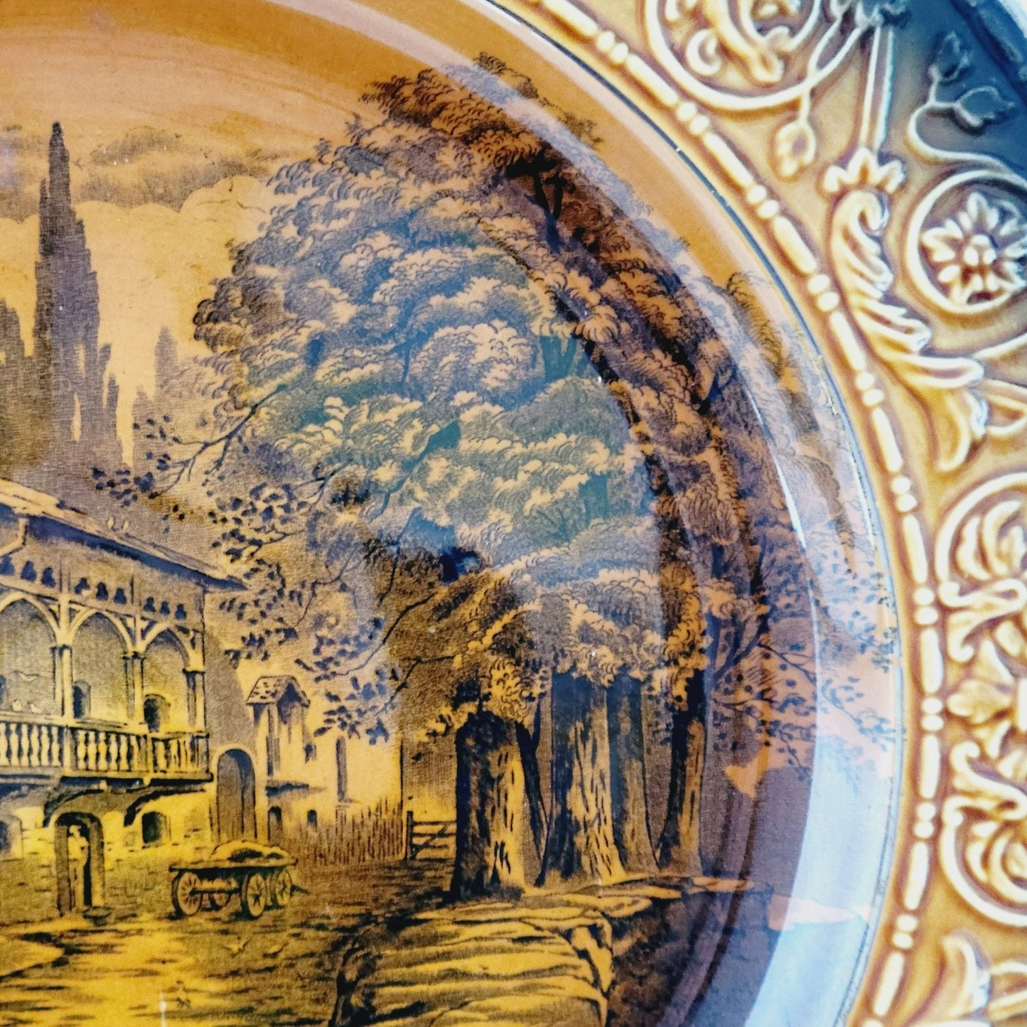 Vintage Devon Ware Fieldings British Town Scene 13" Plate Old Saxon Mills, Brown Embossed Edge, c.1917-30 England