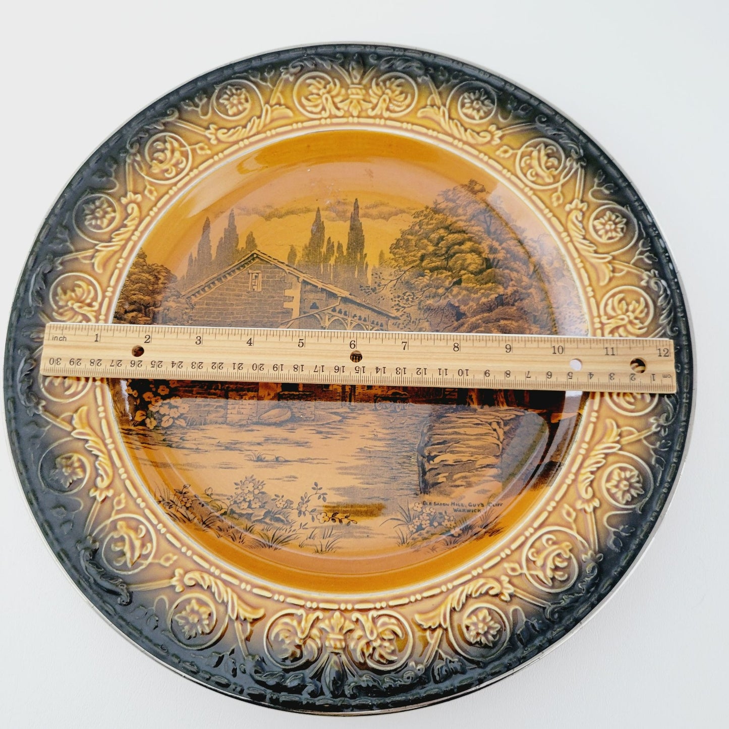 Vintage Devon Ware Fieldings British Town Scene 13" Plate Old Saxon Mills, Brown Embossed Edge, c.1917-30 England