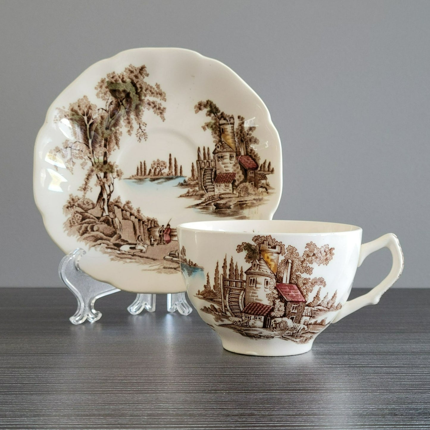 Johnson Bros The Old Mill Tea Cup & Saucer, Countryside Scene, c.1952-77 England