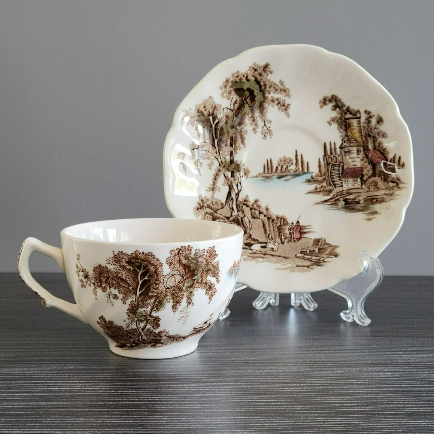 Johnson Bros The Old Mill Tea Cup & Saucer, Countryside Scene, c.1952-77 England