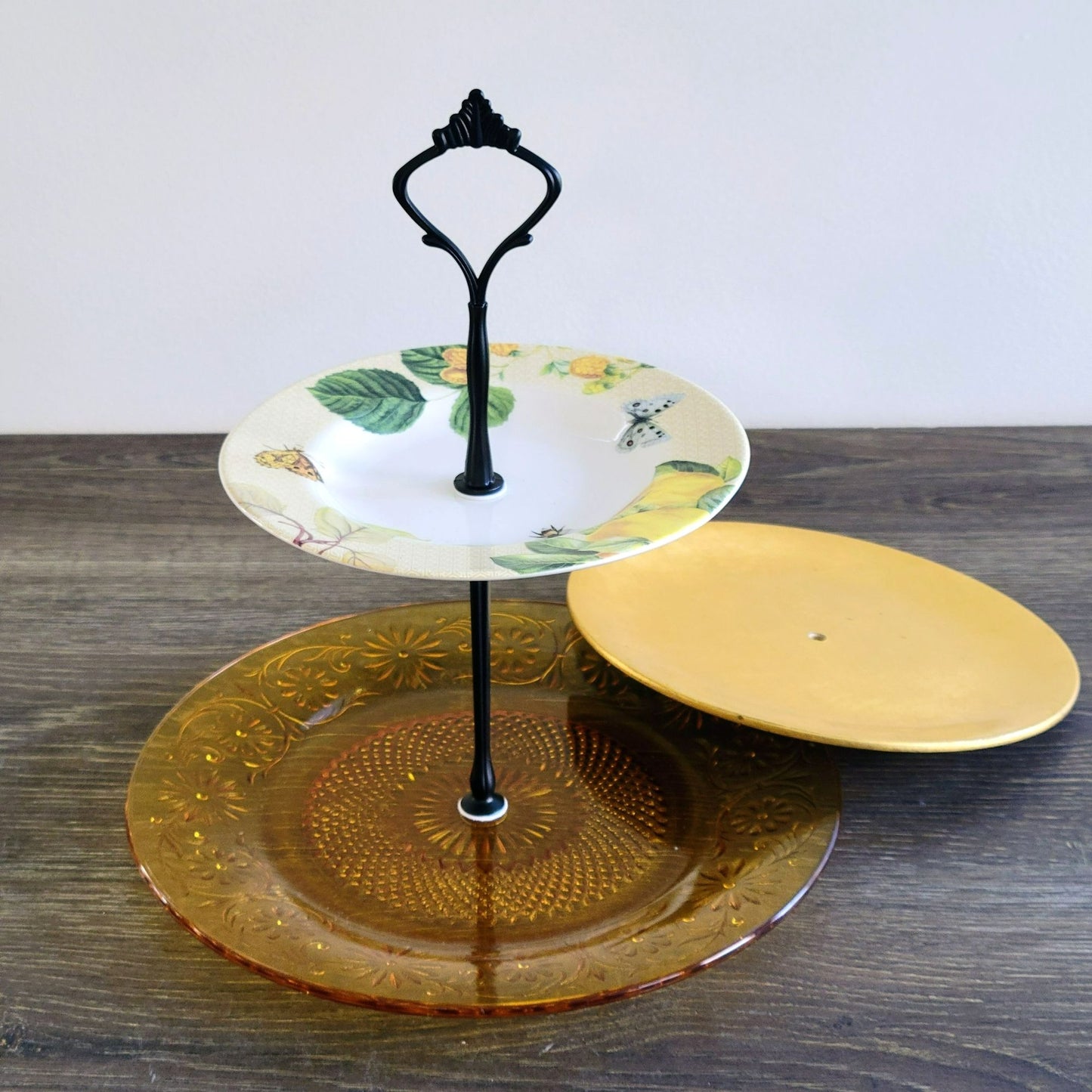 Mismatched 3 Tiered Dessert Stand, Made with Spode & Vintage Indiana Glass Plates