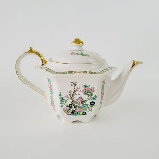 Vintage Sadler Indian Tree Teapot, Hexagonal Shape, Pink Oriental Floral Design, Gold Trim