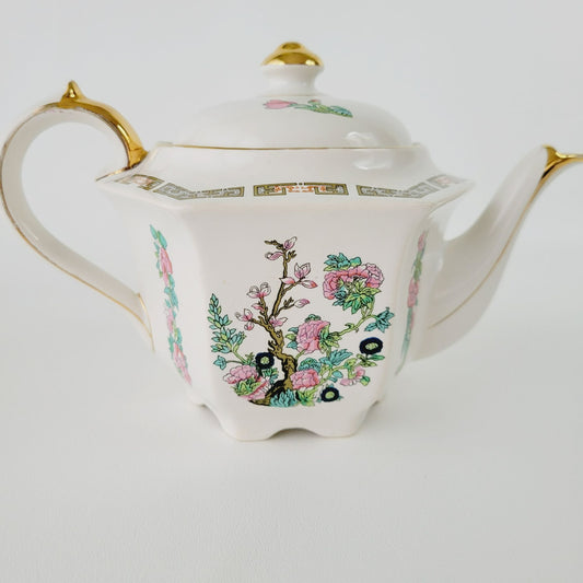 Vintage Sadler Indian Tree Teapot, Hexagonal Shape, Pink Oriental Floral Design, Gold Trim