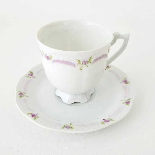 Hutschenreuther Viktoria Teacup & Saucer, White Embossed with Hand Painted Purple & Green Painted Floral, Artist Signed, Germany