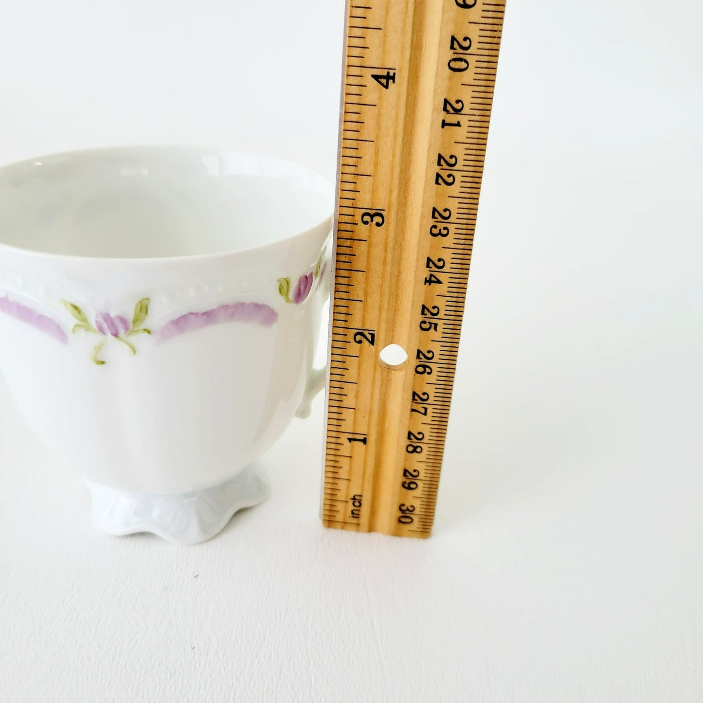 Hutschenreuther Viktoria Teacup & Saucer, White Embossed with Hand Painted Purple & Green Painted Floral, Artist Signed, Germany