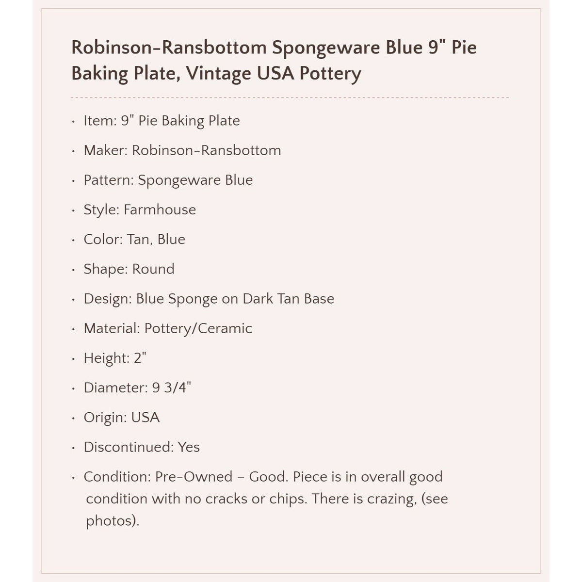 Robinson-Ransbottom "Spongeware Blue" 9" Pie Baking Plate, USA Made