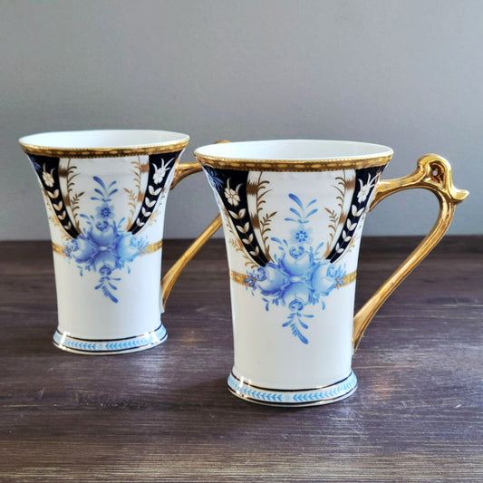 Sorelle Blue White & Gold Floral Mug Set of 2,  Made in Italy
