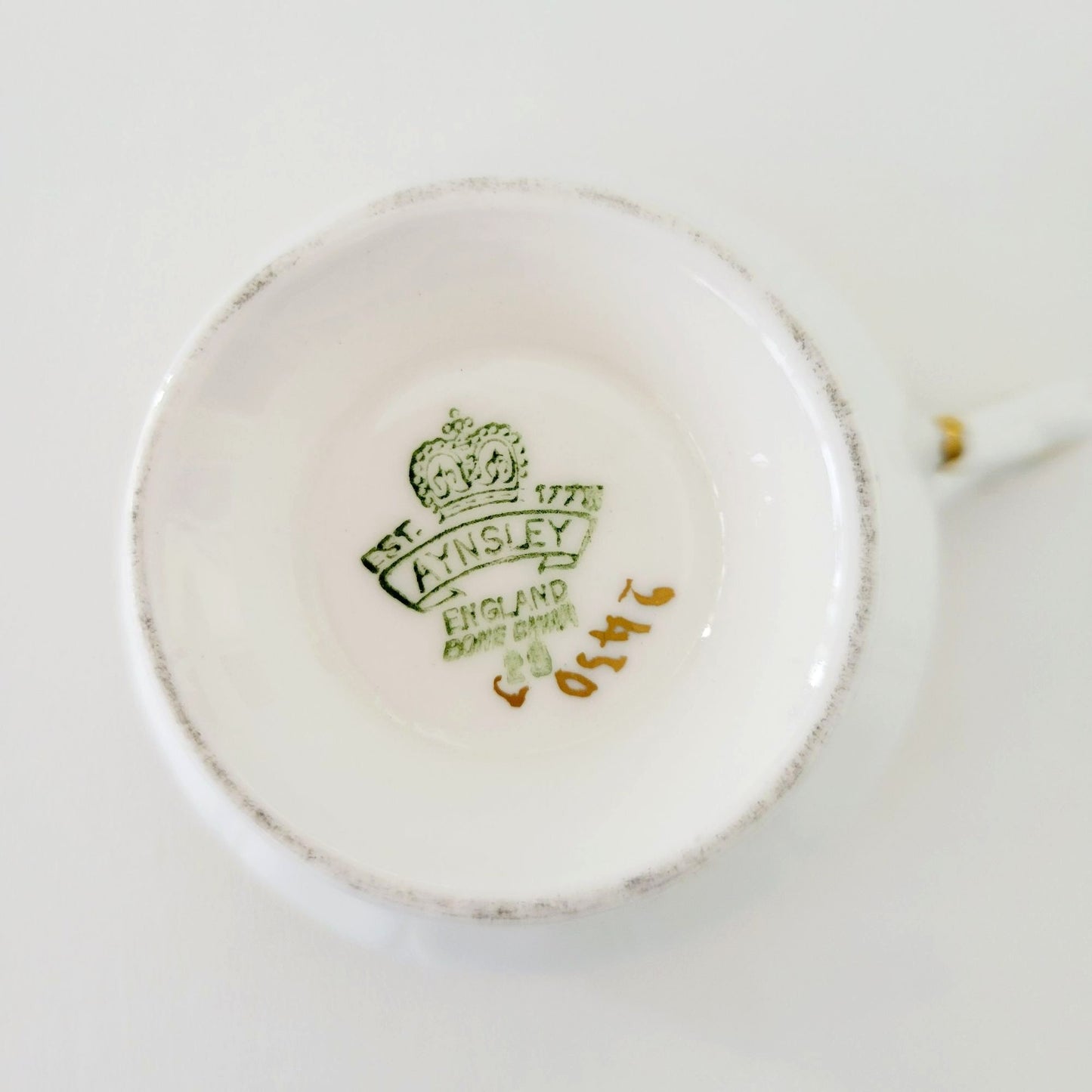 Aynsley Floral Gold Ivy Teacup, Pink & White Floral Design Inside, Gold Ivy Edge, English Bone China