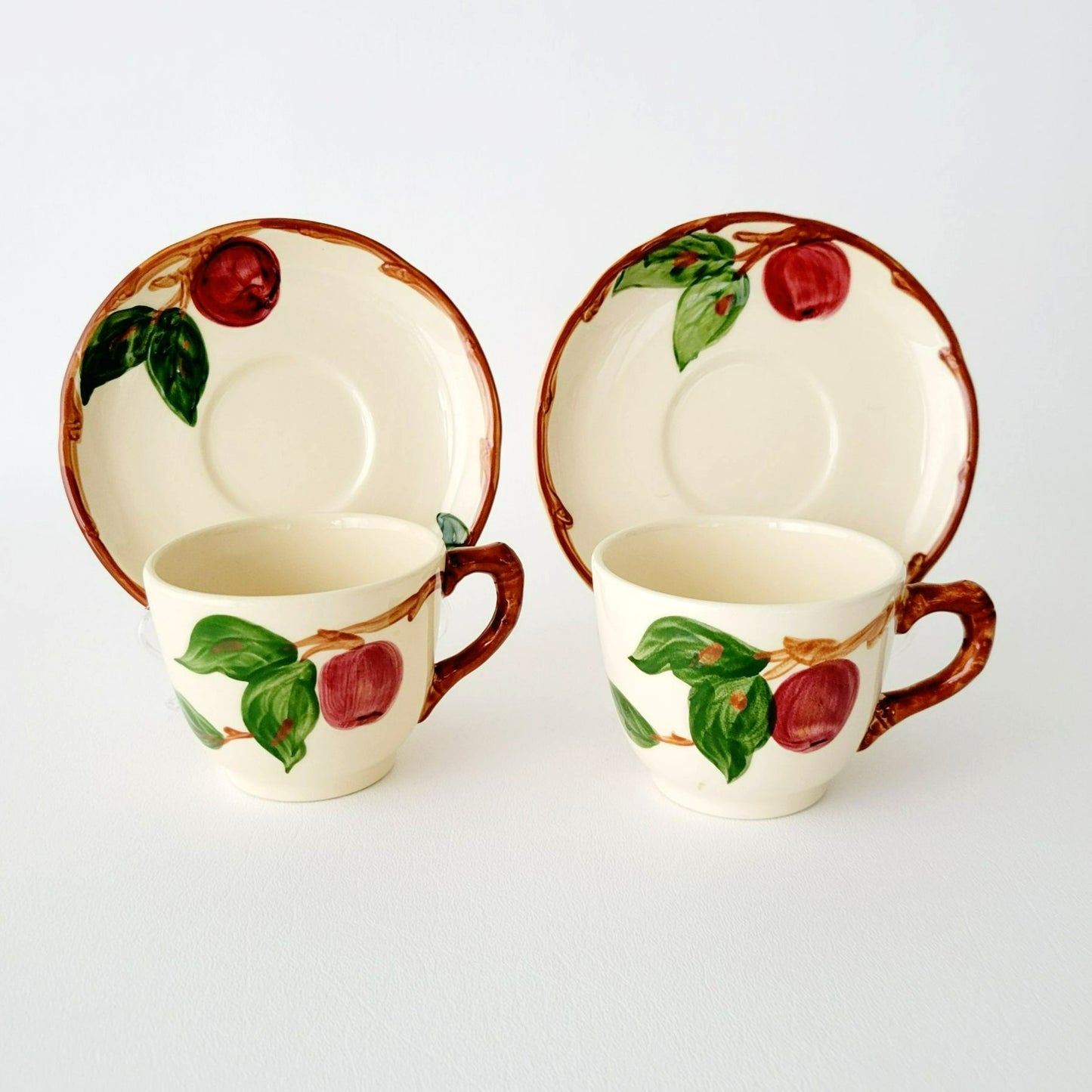 Franciscan Apple Teacups & Saucers, 2 Sets, Hand Painted Embossed Fruit, USA Made c.1960s