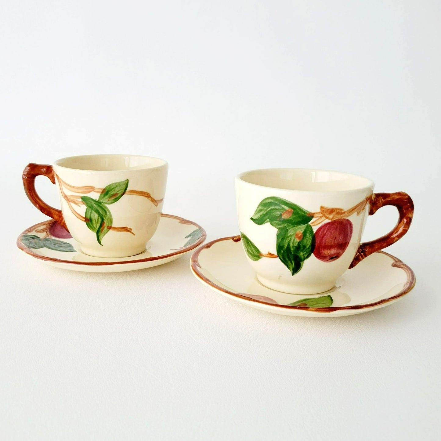 Franciscan Apple Teacups & Saucers, 2 Sets, Hand Painted Embossed Fruit, USA Made c.1960s