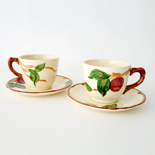 Franciscan Apple Teacups & Saucers, 2 Sets, Hand Painted Embossed Fruit, USA Made c.1960s