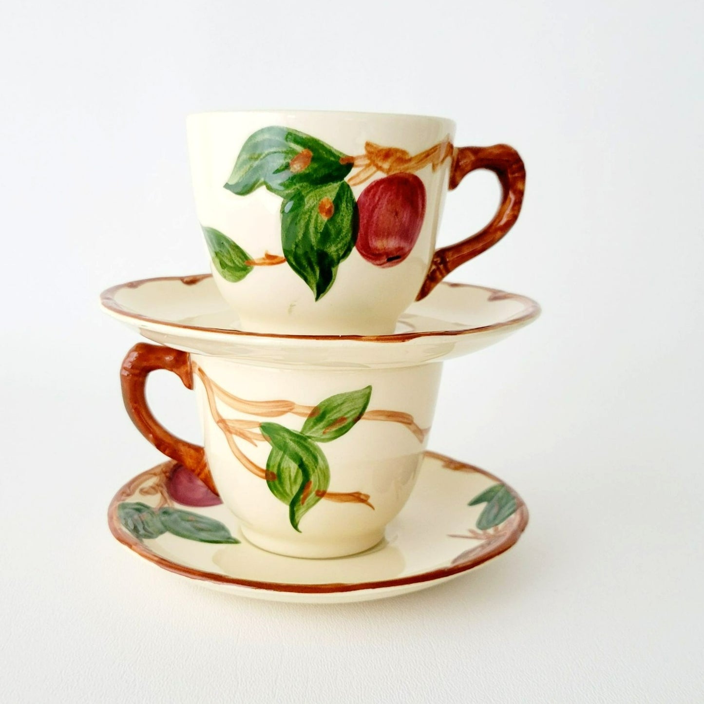 Franciscan Apple Teacups & Saucers, 2 Sets, Hand Painted Embossed Fruit, USA Made c.1960s