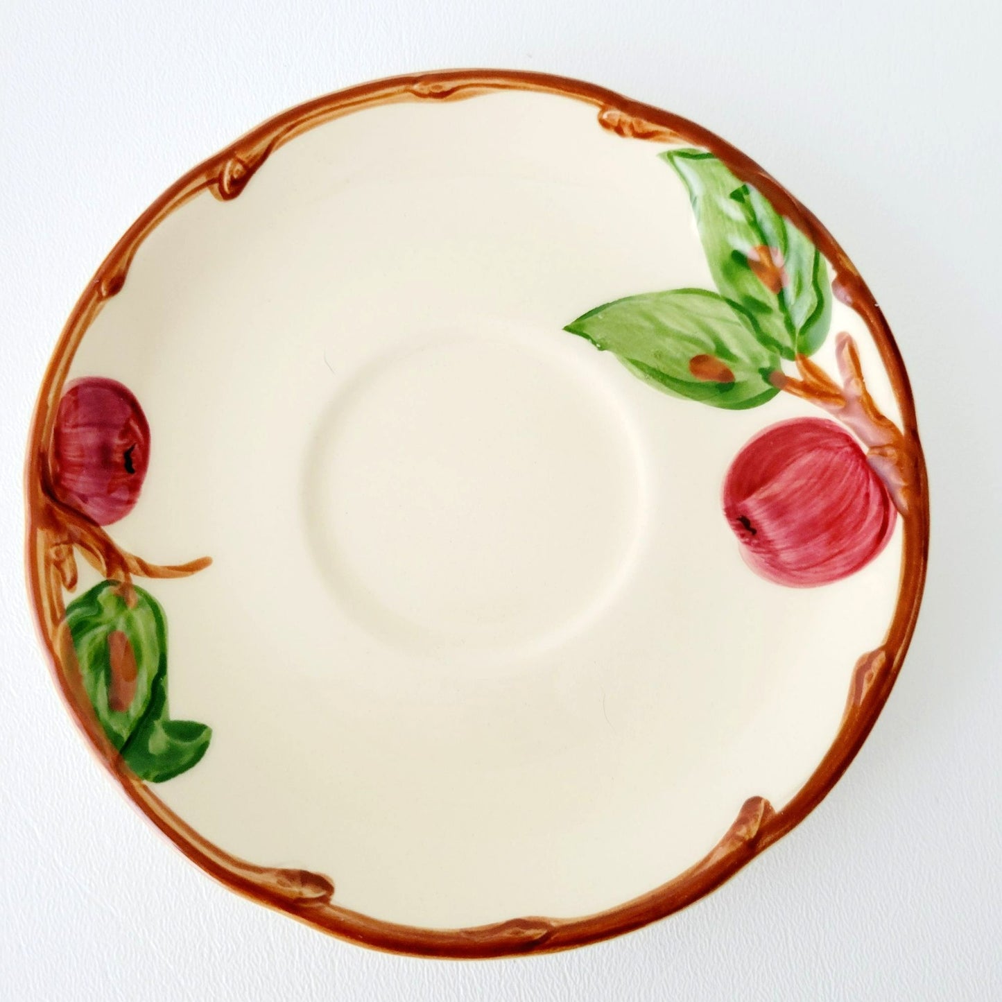 Franciscan Apple Teacups & Saucers, 2 Sets, Hand Painted Embossed Fruit, USA Made c.1960s