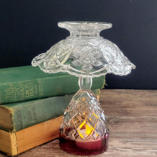 Flameless Candle Lamp, Upcycled Vintage Early American Pressed Glass