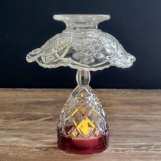 Flameless Candle Lamp, Upcycled Vintage Early American Pressed Glass