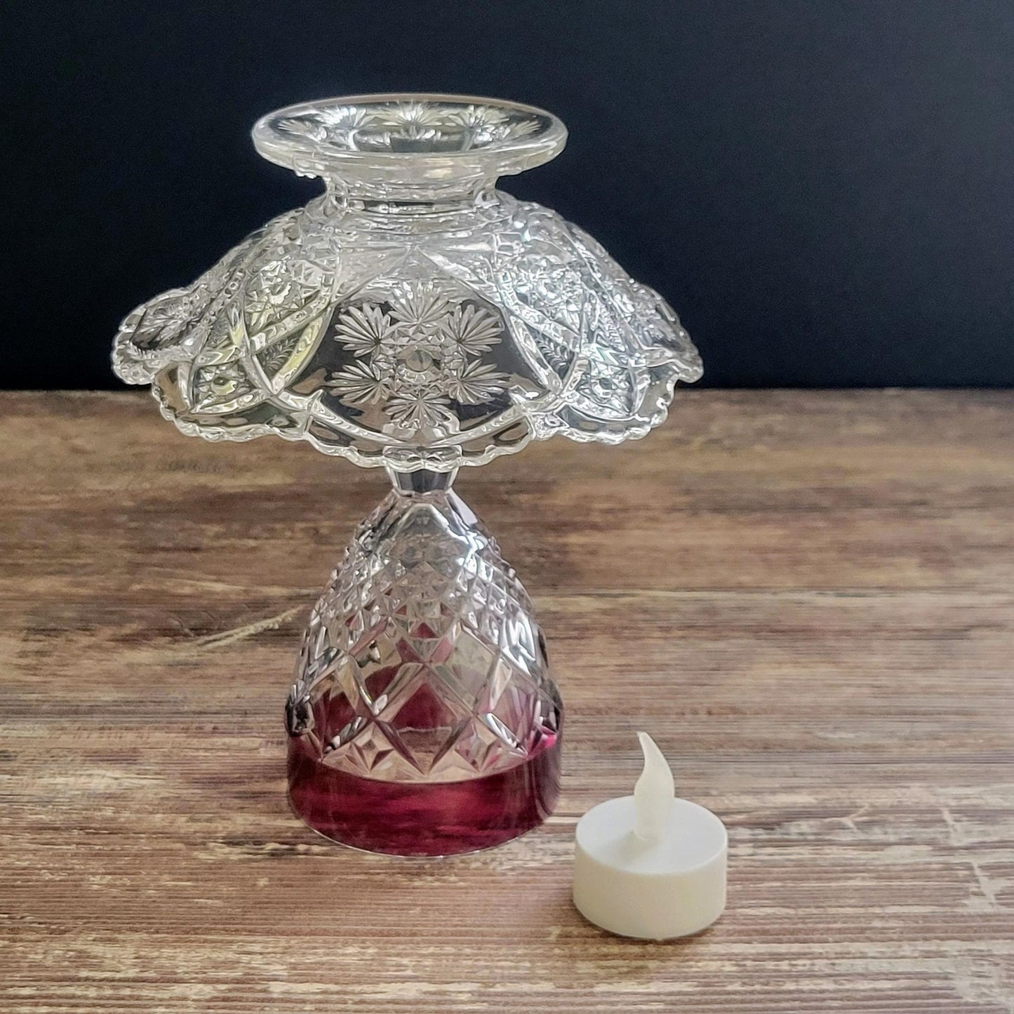 Flameless Candle Lamp, Upcycled Vintage Early American Pressed Glass