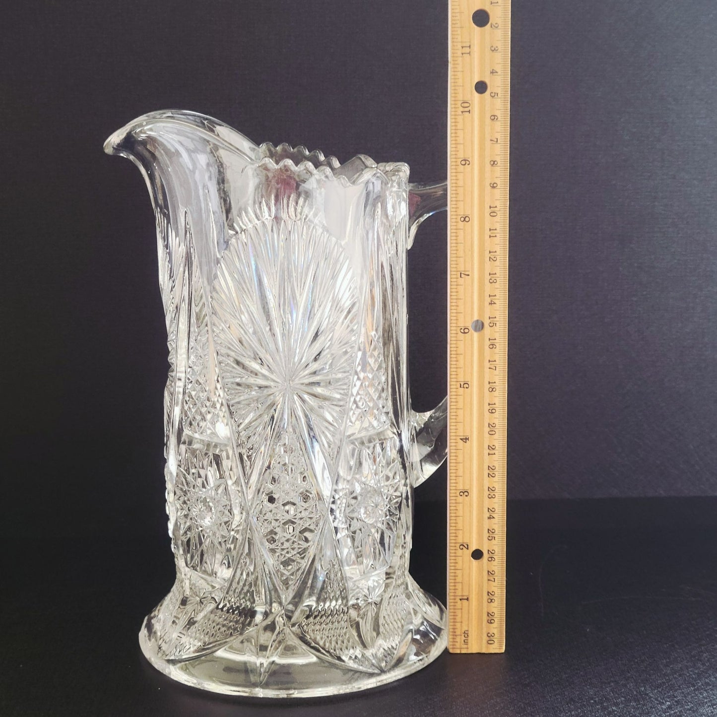 Antique EAPG 48fl. oz. Water Pitcher, US Glass Regal Clear, Star, Cane & Sawtooth, HEAVY, Vintage Pressed Glass Collection, Ice Tea Pitcher