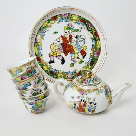 Vintage Hand Painted Small Chinese Tea Ceremony Set of 8, Delicate & Colorful